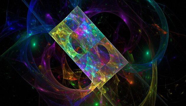 A never-ending labyrinth of glowing, semi-transparent fractal structures suspended, abstract colorful background