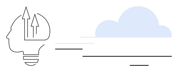 Human head with arrows rising upward inside, symbolizing ideas and innovation, next to soft cloud shape suggesting imagination, progress, and digital concepts. Ideal for creativity, teamwork