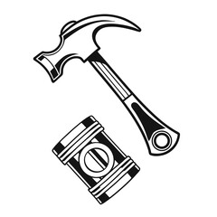 Hammer and piston silhouette for automotive or construction themes isolated on white background