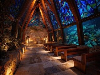 Fototapeta premium Serene underwater chapel at night, stained glass windows illuminate wooden pews.