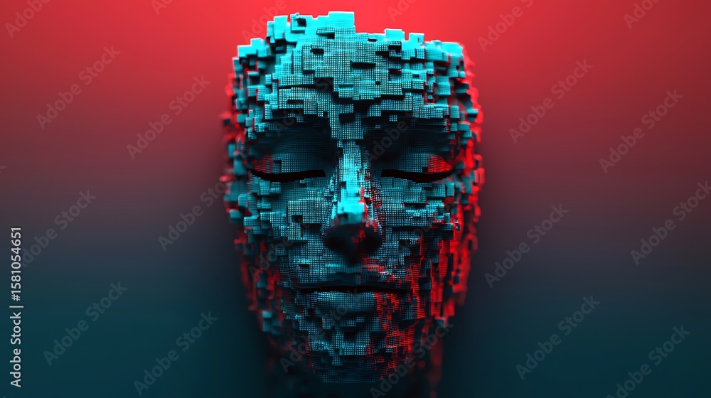 Poster a futuristic digital face composed of fragmented blue cubes against a red and black gradient backgro