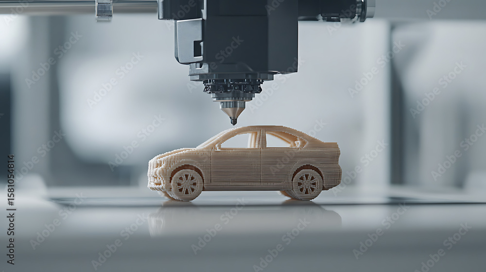 Poster 3d printing a small car model with a machine. the image shows advanced manufacturing techniques and 
