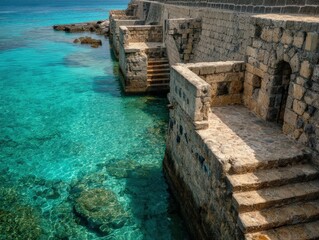 Fototapeta premium Ancient stone steps descend into crystal-clear turquoise water.