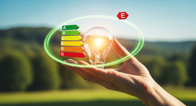 Hand holding illuminated lightbulb with energy efficiency rating chart, set against a blurred nature background, showcasing energy conservation and sustainability concepts