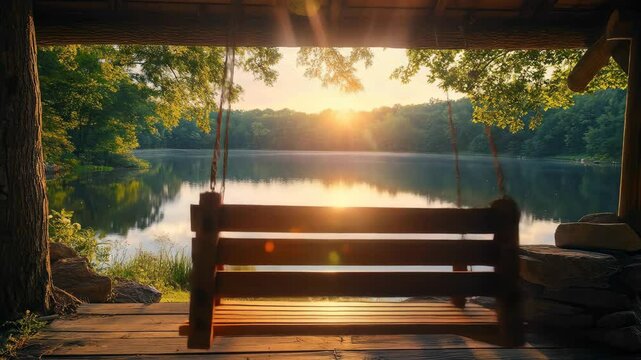 Empty wooden swing overlooking a peaceful lake at sunset
