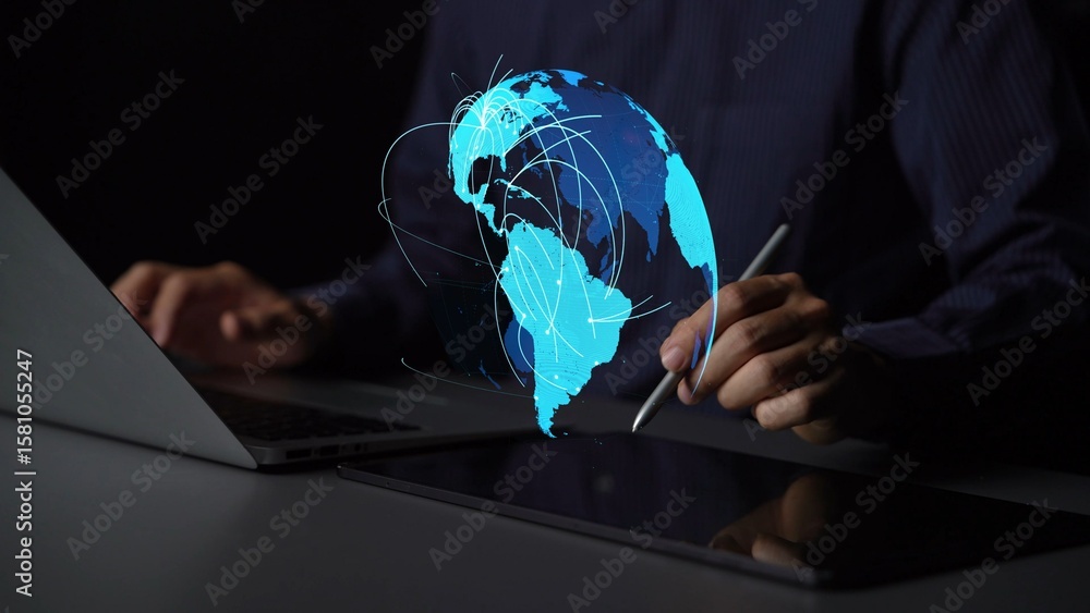 Poster global network connection visualization showing data exchange, digital link, worldwide communication