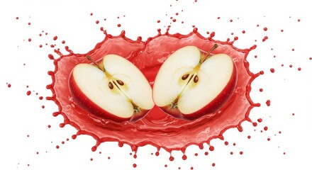 Two halves of a red apple splashing in vibrant red juice
