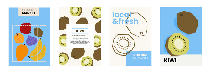 Fresh kiwi illustration. Simple posters with organic fruits for farmers market advertising. Vector templates with copyspace. Set of harvested tropical food in minimal hand drawn and flat style.