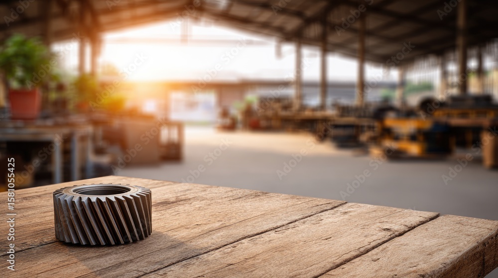 Poster close-up view of car parts and gears in an engine workshop with a bokeh background showing tools and