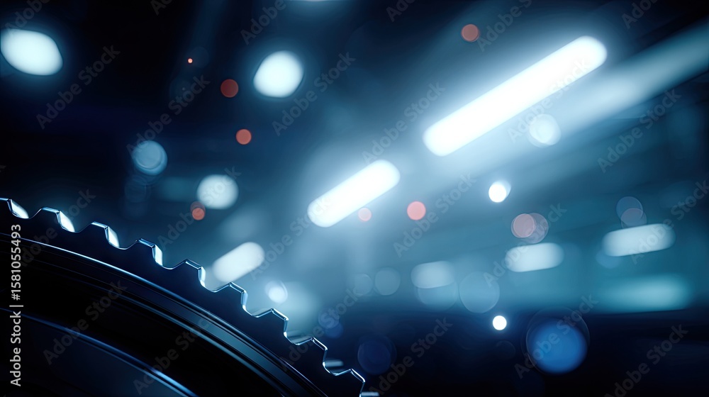 Poster close-up view of car parts and gears in an engine workshop with a bokeh background showing tools and