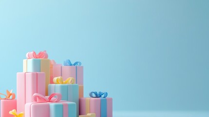 Pastel-colored gift boxes stacked against a light blue background.