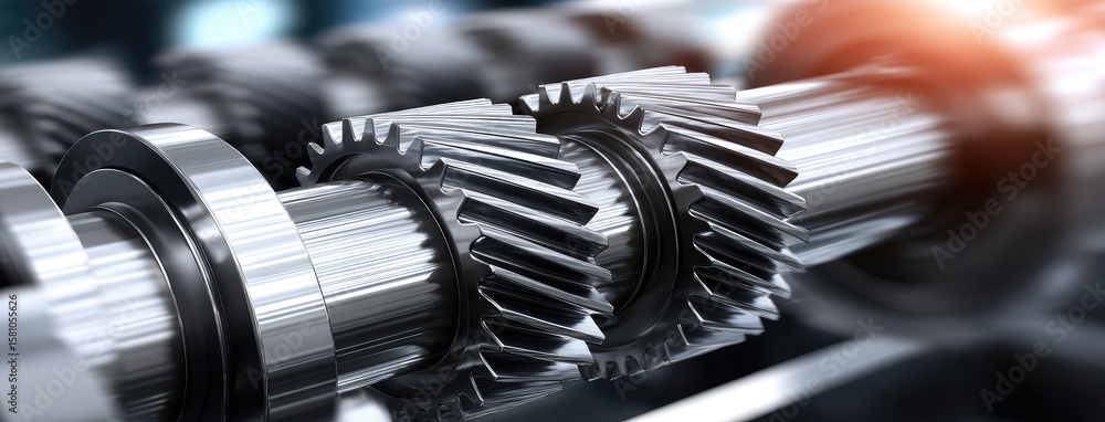 Poster close-up view of car parts and gears in an engine workshop with a bokeh background showing tools and