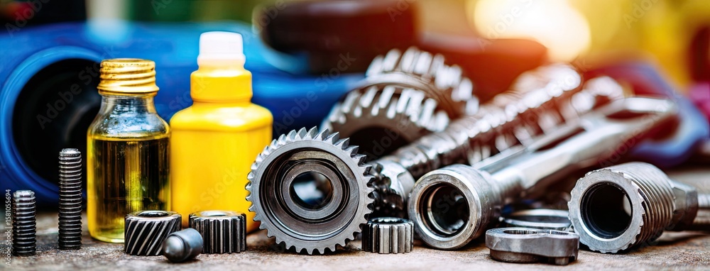 Poster close-up view of car parts and gears in an engine workshop with a bokeh background showing tools and