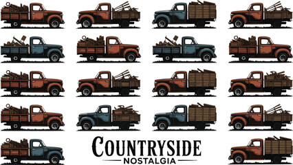 A collection of drawn.  vintage style Rusty Farm Trucks with Crates and Tools – Countryside Nostalgia.