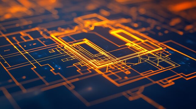 A glowing orange digital circuit board design on a dark blue background, illustrating technology and electronic connectivity.