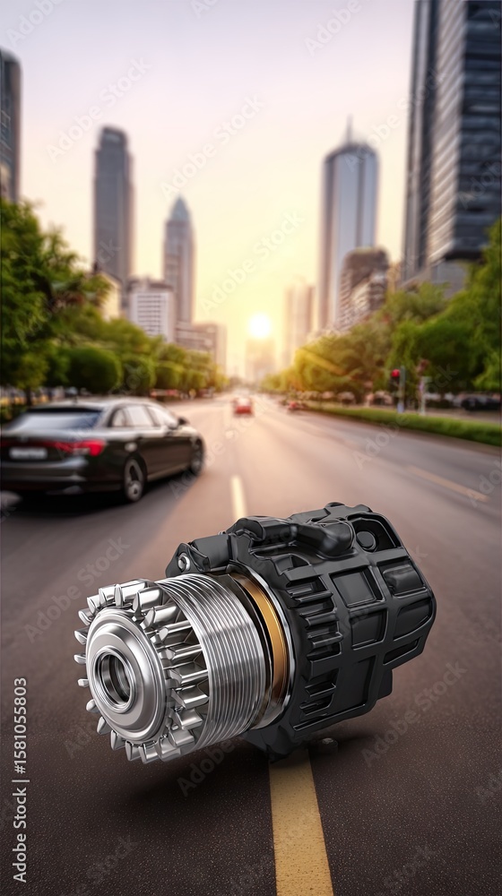 Poster close-up view of car parts and gears in an engine workshop with a bokeh background showing tools and