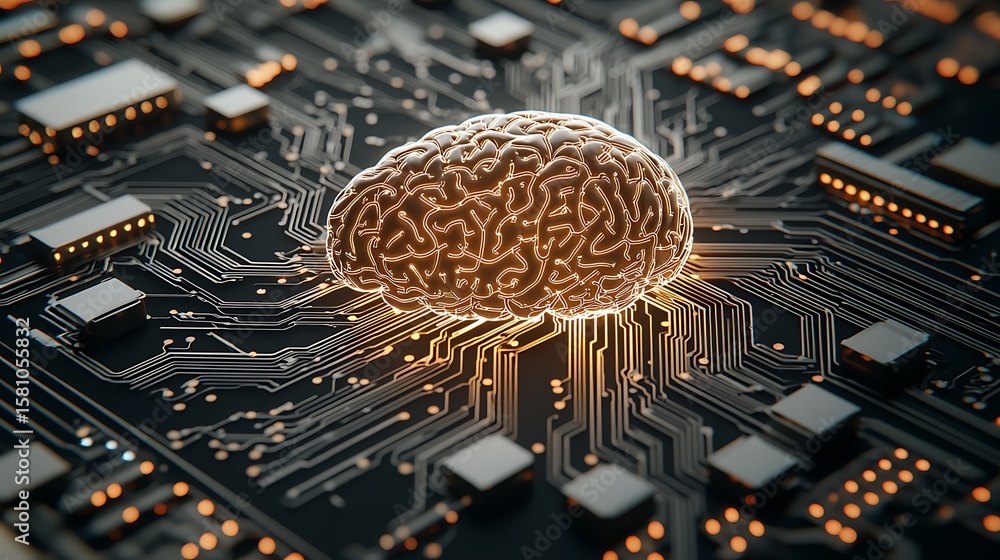 Poster a digital brain model integrated with a circuit board, symbolizing artificial intelligence and advan