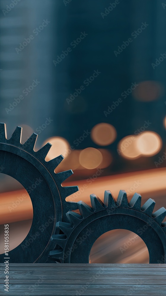 Poster close-up view of car parts and gears in an engine workshop with a bokeh background showing tools and