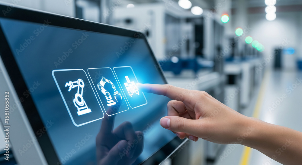 Poster hand interacting with a touchscreen display showing robotic automation icons, in a factory setting, 