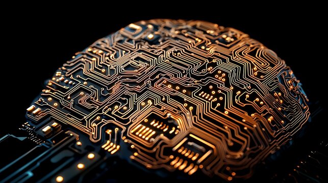 A glowing golden circuit board shaped like a human brain, symbolizing artificial intelligence and advanced technology.