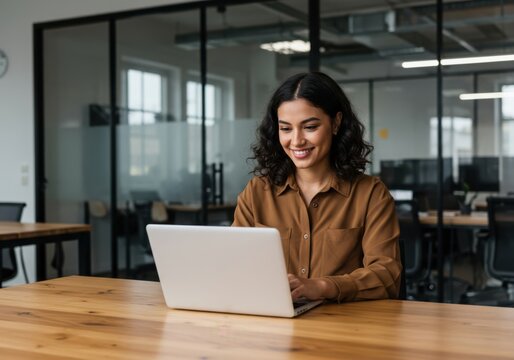 Smiling young woman with curly dark hair working on a laptop at a wooden desk in a modern office