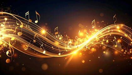 Golden musical notes flowing across a dark background