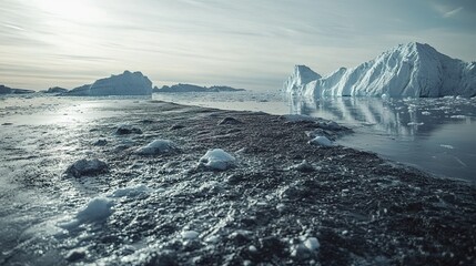 Melting ice sheet with scattered dark dust, symbolizing the urgent impact of environmental change.