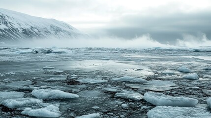 Melting ice sheet with scattered dark dust, symbolizing the urgent impact of environmental change.