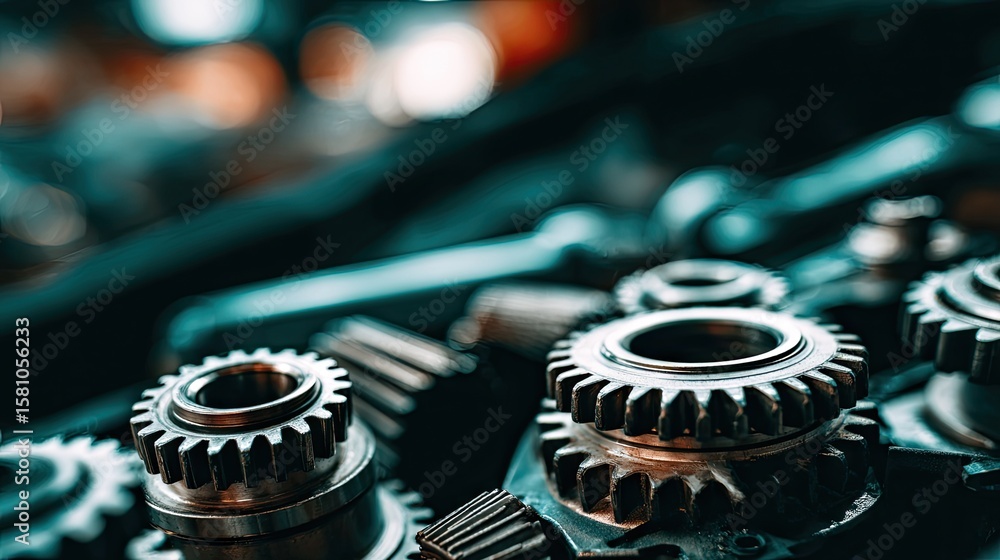 Poster close-up view of car parts and gears in an engine workshop with a bokeh background showing tools and