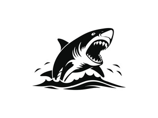 Fototapeta premium Great white shark vector silhouette, powerful marine predator artwork. Black silhouette of a great white shark swimming isolated on white background
