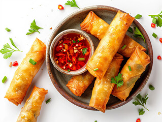 Mini vegetable spring rolls with dipping sauce in a tiny bowl, top-down view, isolated on white