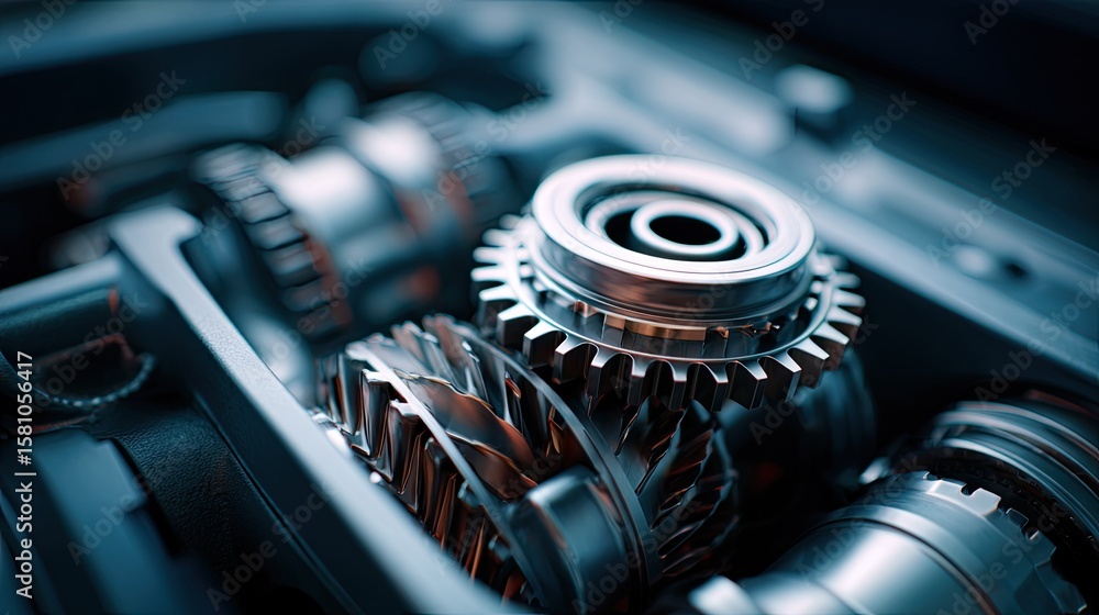 Poster detailed view of automobile gearbox with gears and cogs in natural light, highlighting mechanical co