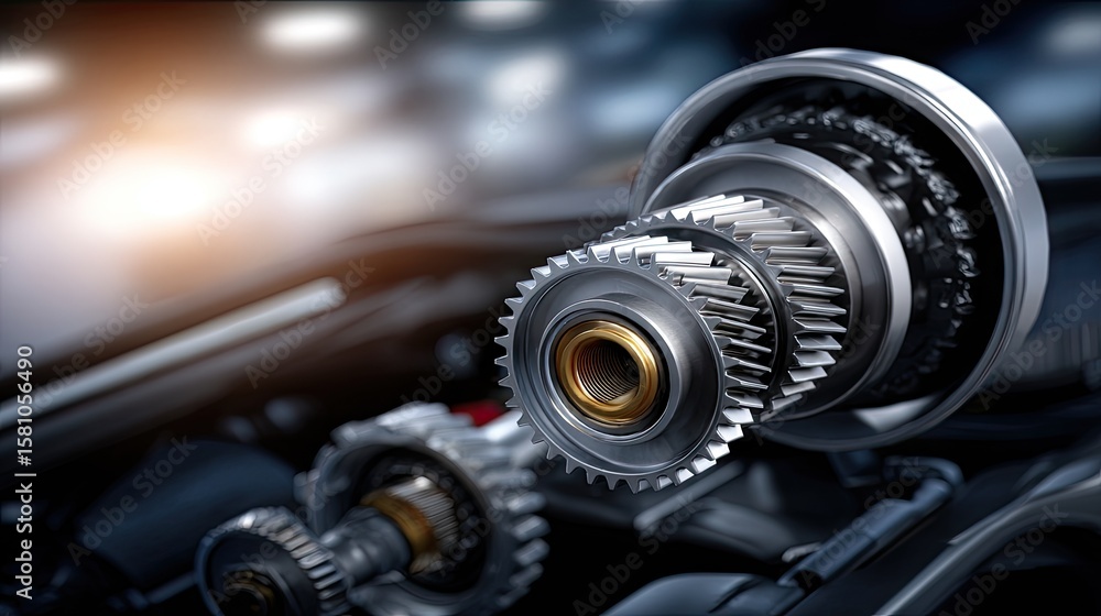 Poster detailed view of automobile gearbox with gears and cogs in natural light, highlighting mechanical co