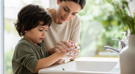 Mother and toddler washing hands with soap and water, hygiene, care, cleanliness, childhood, family, togetherness