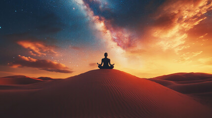 Orange sunset sky over a mountain landscape with the silhouette of a person walking in the desert