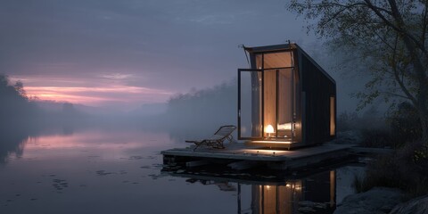 Tranquil lakeside cabin at dawn.  A peaceful escape.