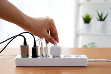 Power strip socket with connected plugs. 