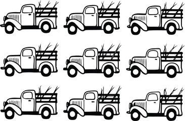A collection of drawn.  vintage style Rusty Farm Trucks with Crates and Tools – Countryside Nostalgia.
