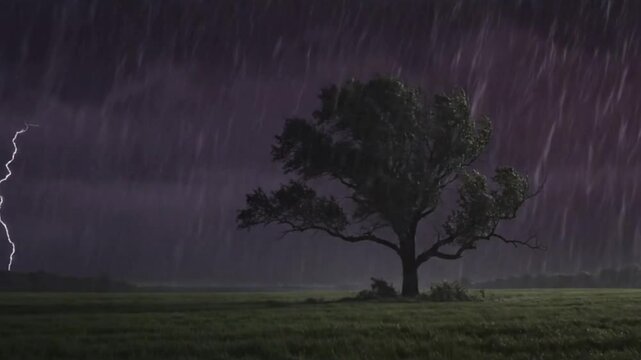 A lone tree standing in the middle of an open field during a thunderstorm, with rain pouring down and multiple lightning bolts branching across the sky &ndash; powerful and dramatic scene