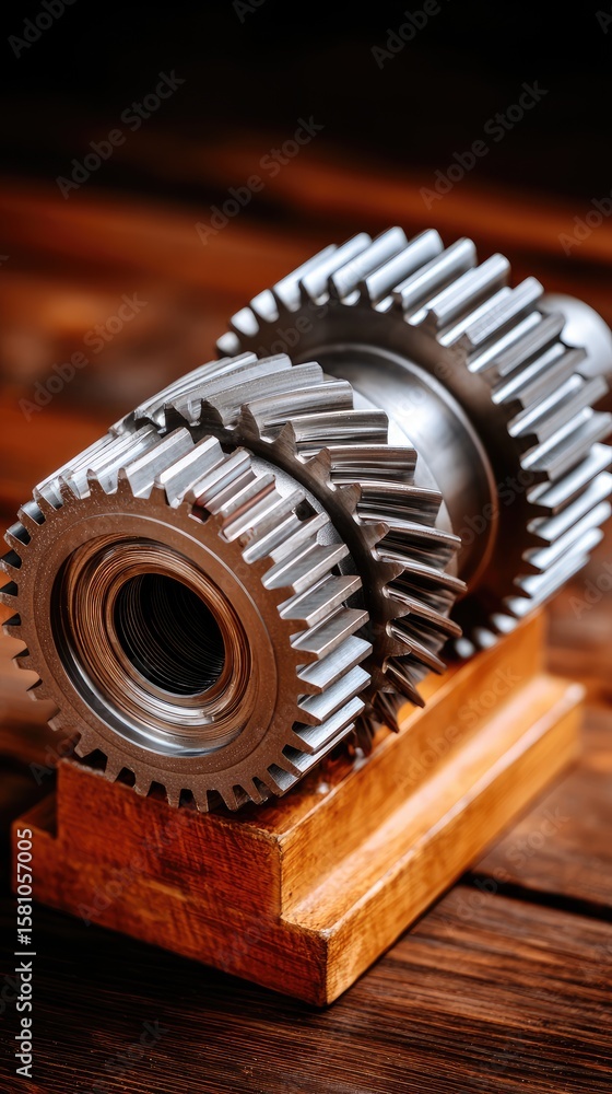 Poster detailed view of automobile gearbox with gears and cogs in natural light, highlighting mechanical co