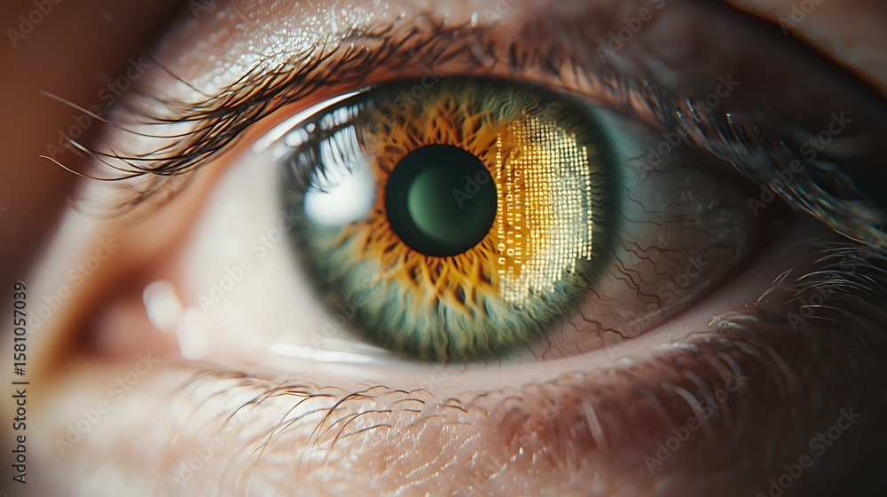 Poster close-up of a human eye showing intricate iris patterns and a reflection of digital data, symbolizin