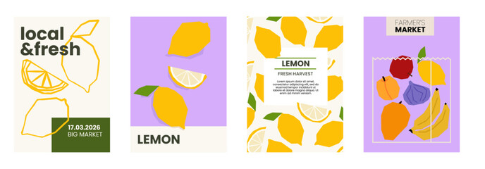 Fresh lemon illustration. Simple posters with organic fruits for farmers market advertising. Vector templates with copyspace. Set of harvested tropical food in minimal hand drawn and flat style.