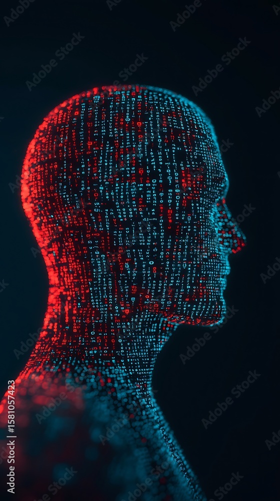 Poster digital human head silhouette composed of glowing red and blue binary code on a dark background.