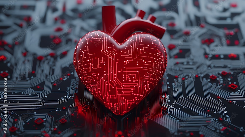 Poster a digital heart with circuit patterns symbolizes the fusion of technology and human emotion on a dar