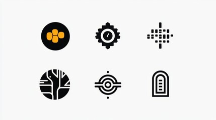Generate 6 unique, abstract simple logo symbols. Focus on a futuristic and human-centered theme, emphasizing AI and global impact. simple shapes, black and white, brand logo, simple, monochrome, white