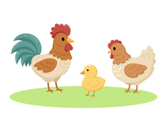 Cartoon illustration of rooster, hen and chicken.