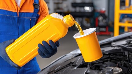 Mechanic pours engine oil into car compartment for maintenance at a detailing shop during an oil change service