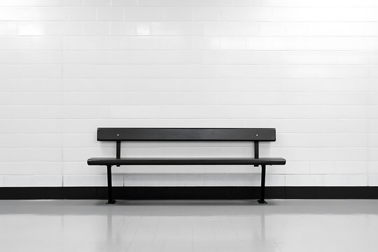 Empty bench against a white tiled wall, minimalist design. Simple and clean, waiting for a moment of rest, highlighting solitude and quiet contemplation. - Powered by Adobe