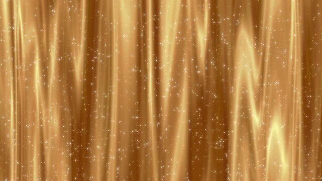 gold silk fabric curtain texture and shiny glitter stars animation, cosmetics and beauty golden luxury soft silky social media motion background	