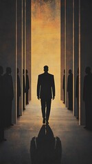Fototapeta premium A lone man in a suit walks through tall columns while shadowed figures stand silently on either side in a dimly lit, dramatic corridor.